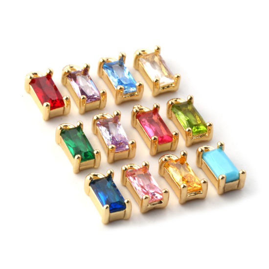 Изображение 5 ШТ Латунь+ Искусственный Циркон Камень рождения Подвески 18K позолоченный Прямоугольник Мини 9мм x 4мм