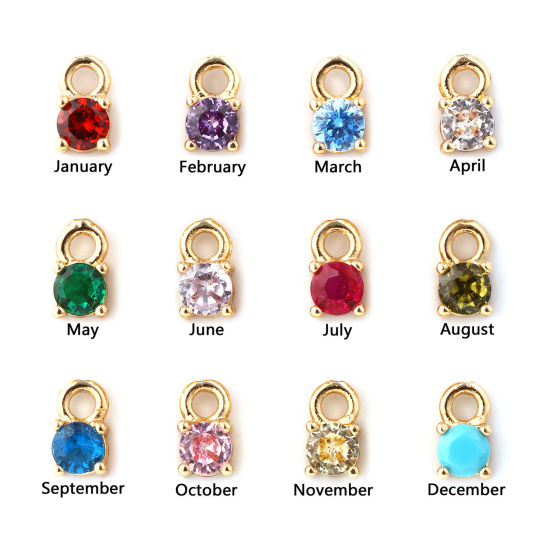 Изображение 5 ШТ Латунь+ Искусственный Циркон Камень рождения Подвески 18K позолоченный Круглые Мини 6мм x 3мм