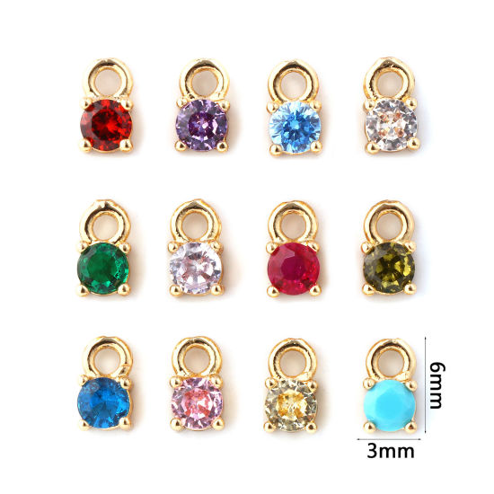 Изображение 5 ШТ Латунь+ Искусственный Циркон Камень рождения Подвески 18K позолоченный Круглые Мини 6мм x 3мм