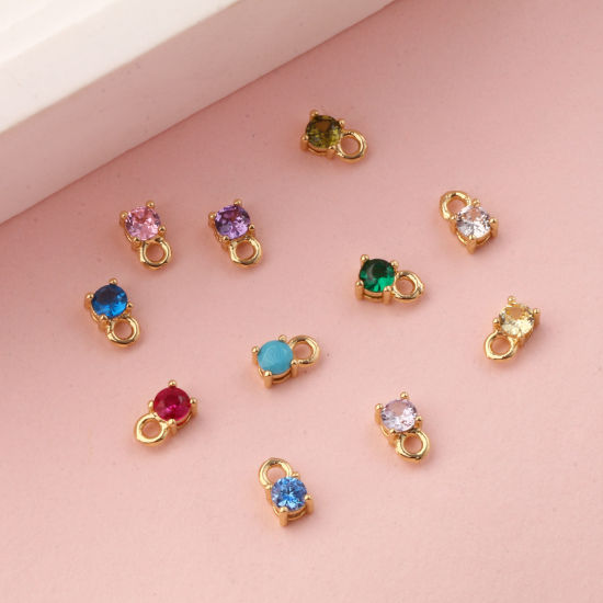 Изображение 5 ШТ Латунь+ Искусственный Циркон Камень рождения Подвески 18K позолоченный Круглые Мини 6мм x 3мм