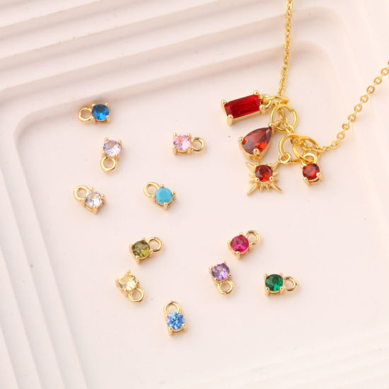 Изображение 5 ШТ Латунь+ Искусственный Циркон Камень рождения Подвески 18K позолоченный Круглые Мини 6мм x 3мм