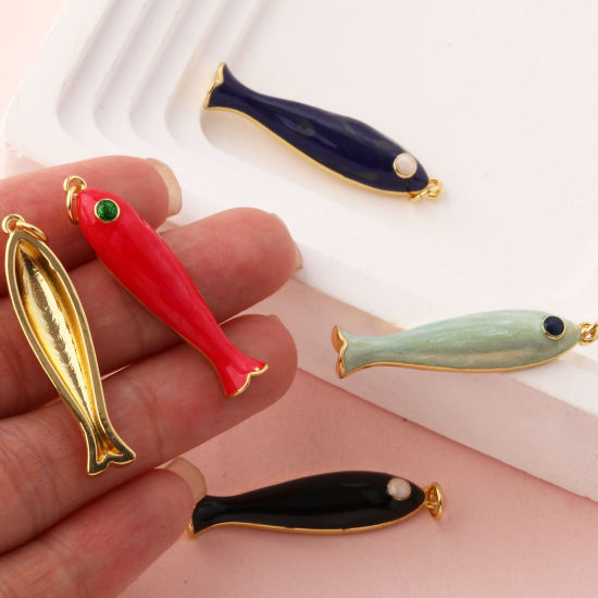 Изображение 1 ШТ Экологичный Латунь Морские Украшения Подвески 18K настоящее золото с покрытием С Эмалью Рыба 3.7см x 0.8см