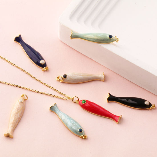 Изображение 1 ШТ Экологичный Латунь Морские Украшения Подвески 18K настоящее золото с покрытием С Эмалью Рыба 3.7см x 0.8см