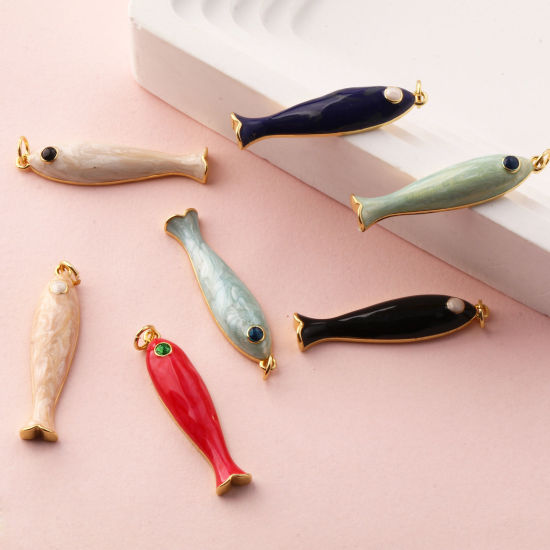 Изображение 1 ШТ Экологичный Латунь Морские Украшения Подвески 18K настоящее золото с покрытием С Эмалью Рыба 3.7см x 0.8см