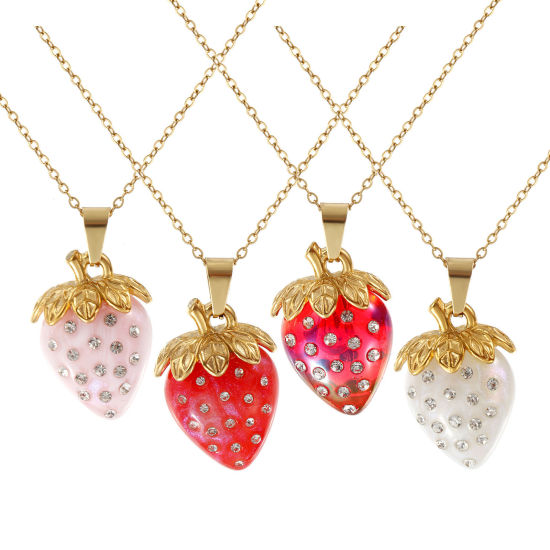 Immagine di 18K Vero Oro Placcato Catena a Cavo Fragola Collana con Ciondolo, 304 Acciaio Inossidabile & Resina 45cm + 5cm, Per Donne, Trasparente Strass 3D, Squisito Dolce & Carino Regalo, Placcatura Sottovuoto PVD Ecologica, 1 Pz