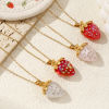 Picture of 18K Real Gold Plated Link Cable Chain Strawberry Fruit Pendant Charm Necklace, 304 Stainless Steel & Resin 45cm(17.7") + 5cm(2"), For Women, Clear Rhinestone 3D, Exquisite Sweet & Cute Gift, Eco-friendly PVD Vacuum Plating