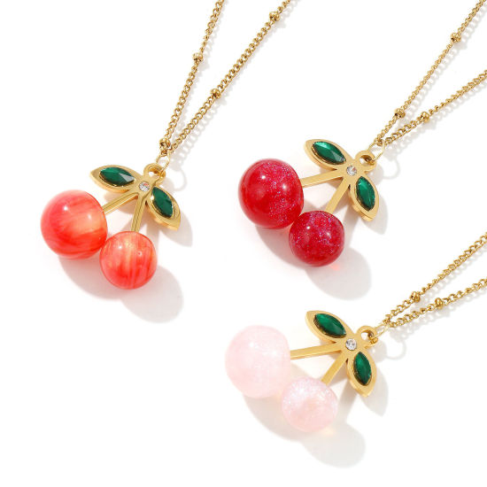 Immagine di 18K Vero Oro Placcato Catena del Barbazzale Ciliegia Collana con Ciondolo, 304 Acciaio Inossidabile & Resina 45cm + 5cm, Per Donne, Verde Strass 3D, Squisito Dolce & Carino Regalo, Placcatura Sottovuoto PVD Ecologica, 1 Pz