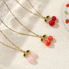 Picture of 18K Real Gold Plated Curb Link Chain Cherry Fruit Pendant Charm Necklace, 304 Stainless Steel & Resin 45cm(17.7") + 5cm(2"), For Women, Green Rhinestone 3D, Exquisite Sweet & Cute Gift, Eco-friendly PVD Vacuum Plating