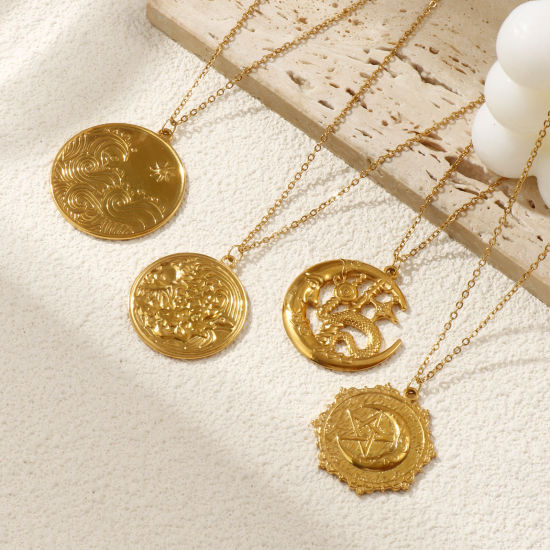 Immagine di 18K Vero Oro Placcato Catena a Cavo Collana con Ciondolo, 304 Acciaio Inossidabile 45cm + 5cm, Per Donne, Galassia Retrò Regalo, Placcatura Sottovuoto PVD Ecologica, 1 Pz