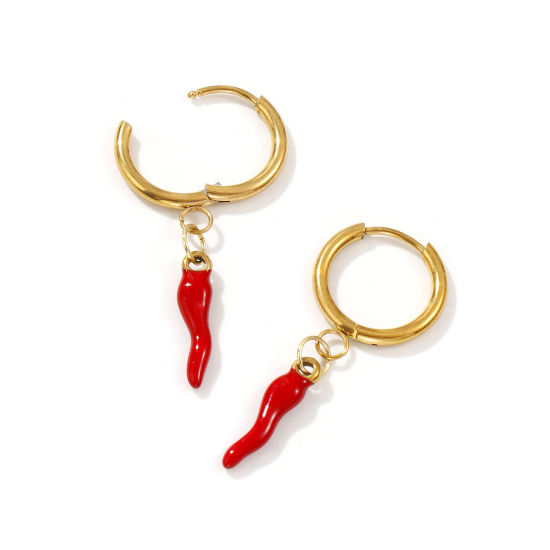 Immagine di 1 Paio Placcatura Sottovuoto PVD Ecologica Elegante Squisito 18K Vero Oro Placcato 304 Acciaio Inossidabile Peperone Smalto Orecchini Circolari Per Donne Regalo 3.9cm x 1.6cm, Posta / Filo Dimensione: 1mm(18 misura)