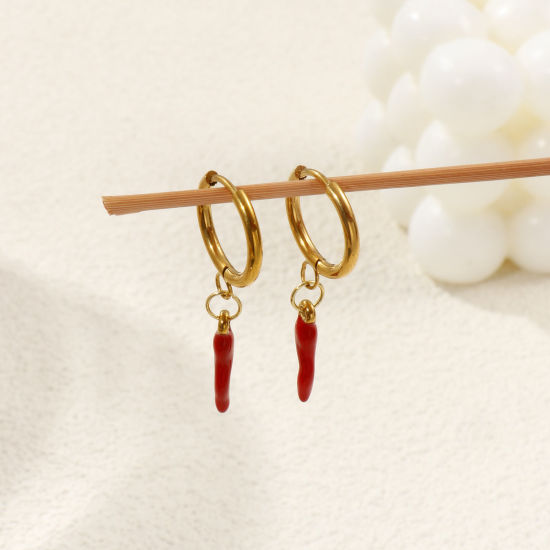 Immagine di 1 Paio Placcatura Sottovuoto PVD Ecologica Elegante Squisito 18K Vero Oro Placcato 304 Acciaio Inossidabile Peperone Smalto Orecchini Circolari Per Donne Regalo 3.9cm x 1.6cm, Posta / Filo Dimensione: 1mm(18 misura)