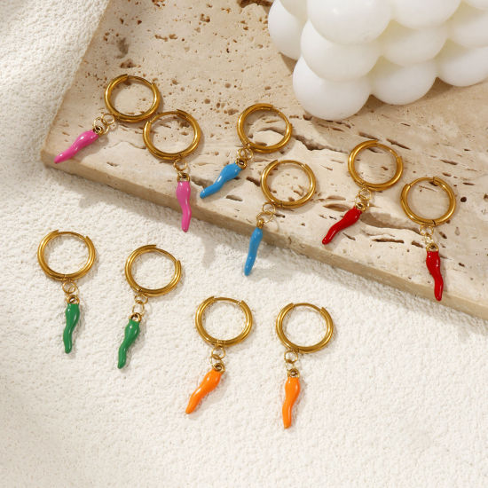 Immagine di 1 Paio Placcatura Sottovuoto PVD Ecologica Elegante Squisito 18K Vero Oro Placcato 304 Acciaio Inossidabile Peperone Smalto Orecchini Circolari Per Donne Regalo 3.9cm x 1.6cm, Posta / Filo Dimensione: 1mm(18 misura)