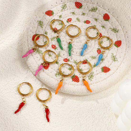 Immagine di 1 Paio Placcatura Sottovuoto PVD Ecologica Elegante Squisito 18K Vero Oro Placcato 304 Acciaio Inossidabile Peperone Smalto Orecchini Circolari Per Donne Regalo 3.9cm x 1.6cm, Posta / Filo Dimensione: 1mm(18 misura)