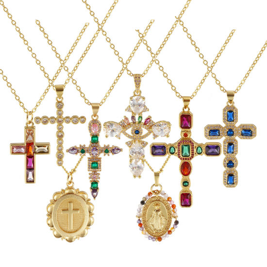 Picture of 18K Real Gold Plated Cross Pendant Charm Necklace, Brass For Women, Retro Religious Gift, Eco-friendly