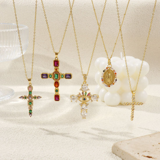 Picture of 18K Real Gold Plated Cross Pendant Charm Necklace, Brass For Women, Retro Religious Gift, Eco-friendly
