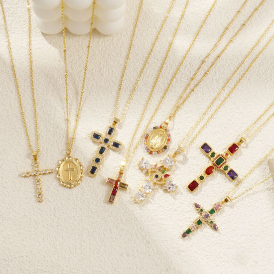 Picture of 18K Real Gold Plated Cross Pendant Charm Necklace, Brass For Women, Retro Religious Gift, Eco-friendly