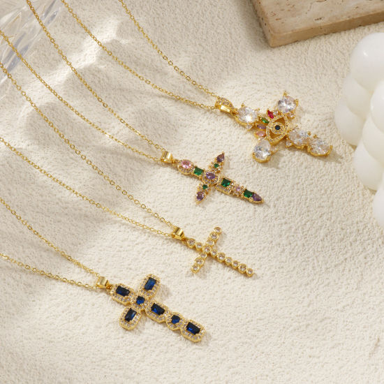 Picture of 18K Real Gold Plated Cross Pendant Charm Necklace, Brass For Women, Retro Religious Gift, Eco-friendly