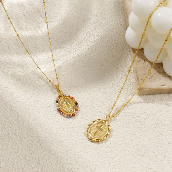 Picture of 18K Real Gold Plated Cross Pendant Charm Necklace, Brass For Women, Retro Religious Gift, Eco-friendly