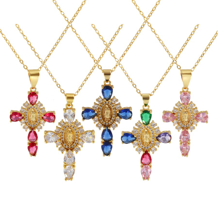 Picture of 18K Real Gold Plated Link Cable Chain Cross Pendant Charm Necklace, Brass & Cubic Zirconia 46cm(18.1") + 6cm(2.4"), For Women, Virgin Mary Micro Pave, Retro Religious Gift, Eco-friendly