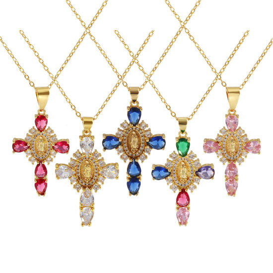 Immagine di 18K Vero Oro Placcato Catena a Cavo Croce Collana con Ciondolo, Ottone + Zircone Cubico 46cm + 6cm, Per Donne, Vergine Maria Micro Spianare, Retrò Religione Regalo, Ecologico, 1 Pz