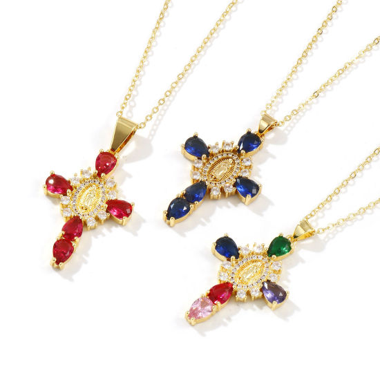 Immagine di 18K Vero Oro Placcato Catena a Cavo Croce Collana con Ciondolo, Ottone + Zircone Cubico 46cm + 6cm, Per Donne, Vergine Maria Micro Spianare, Retrò Religione Regalo, Ecologico, 1 Pz