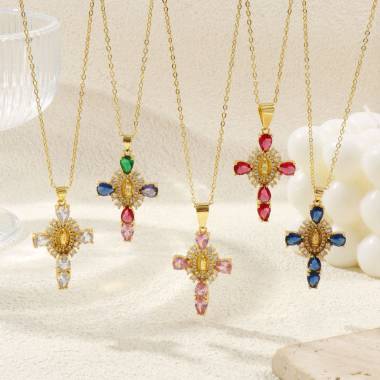 Immagine di 18K Vero Oro Placcato Catena a Cavo Croce Collana con Ciondolo, Ottone + Zircone Cubico 46cm + 6cm, Per Donne, Vergine Maria Micro Spianare, Retrò Religione Regalo, Ecologico, 1 Pz