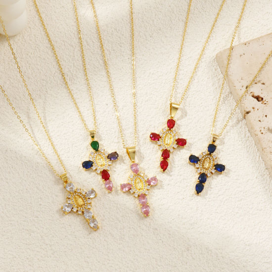 Immagine di 18K Vero Oro Placcato Catena a Cavo Croce Collana con Ciondolo, Ottone + Zircone Cubico 46cm + 6cm, Per Donne, Vergine Maria Micro Spianare, Retrò Religione Regalo, Ecologico, 1 Pz