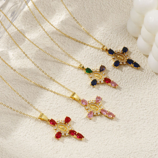 Immagine di 18K Vero Oro Placcato Catena a Cavo Croce Collana con Ciondolo, Ottone + Zircone Cubico 46cm + 6cm, Per Donne, Vergine Maria Micro Spianare, Retrò Religione Regalo, Ecologico, 1 Pz