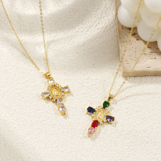 Immagine di 18K Vero Oro Placcato Catena a Cavo Croce Collana con Ciondolo, Ottone + Zircone Cubico 46cm + 6cm, Per Donne, Vergine Maria Micro Spianare, Retrò Religione Regalo, Ecologico, 1 Pz