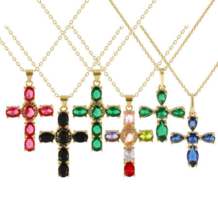 18K Real Gold Plated Link Cable Chain Cross Pendant Charm Necklace, Brass & Cubic Zirconia 46cm(18.1") + 6cm(2.4"), For Women, Micro Pave, Retro Religious Gift, Eco-friendly