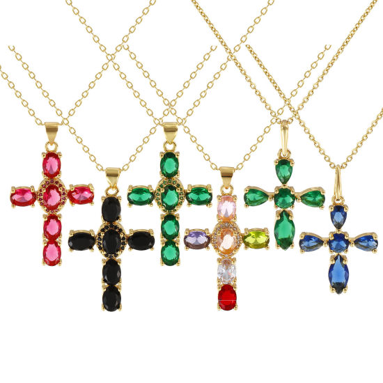 Immagine di 18K Vero Oro Placcato Catena a Cavo Croce Collana con Ciondolo, Ottone + Zircone Cubico 46cm + 6cm, Per Donne, Micro Spianare, Retrò Religione Regalo, Ecologico, 1 Pz