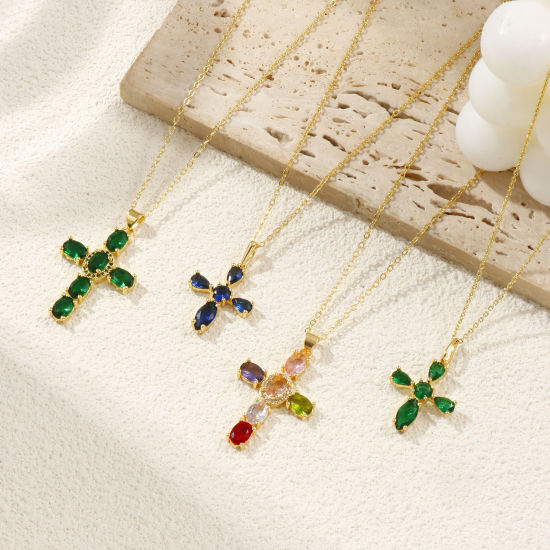 Immagine di 18K Vero Oro Placcato Catena a Cavo Croce Collana con Ciondolo, Ottone + Zircone Cubico 46cm + 6cm, Per Donne, Micro Spianare, Retrò Religione Regalo, Ecologico, 1 Pz