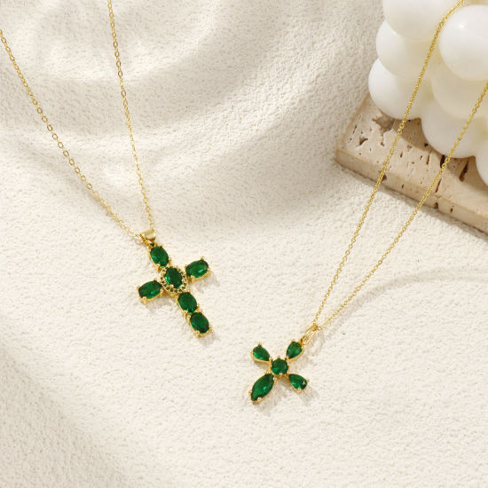 Immagine di 18K Vero Oro Placcato Catena a Cavo Croce Collana con Ciondolo, Ottone + Zircone Cubico 46cm + 6cm, Per Donne, Micro Spianare, Retrò Religione Regalo, Ecologico, 1 Pz