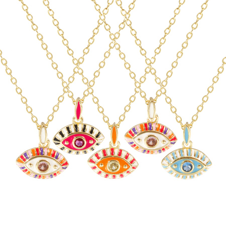 Picture of 18K Real Gold Plated Link Cable Chain Eye Pendant Charm Necklace, Brass & Cubic Zirconia 46cm(18.1") + 6cm(2.4"), For Women, Enamel Retro Exquisite Gift, Eco-friendly, 1 Piece
