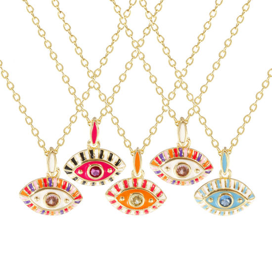 Immagine di 18K Real Gold Plated Link Cable Chain Eye Pendant Charm Necklace, Brass & Cubic Zirconia 46cm(18.1") + 6cm(2.4"), For Women, Enamel Retro Exquisite Gift, Eco-friendly, 1 Piece