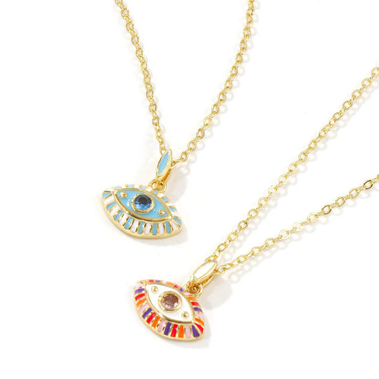 Immagine di 18K Real Gold Plated Link Cable Chain Eye Pendant Charm Necklace, Brass & Cubic Zirconia 46cm(18.1") + 6cm(2.4"), For Women, Enamel Retro Exquisite Gift, Eco-friendly, 1 Piece