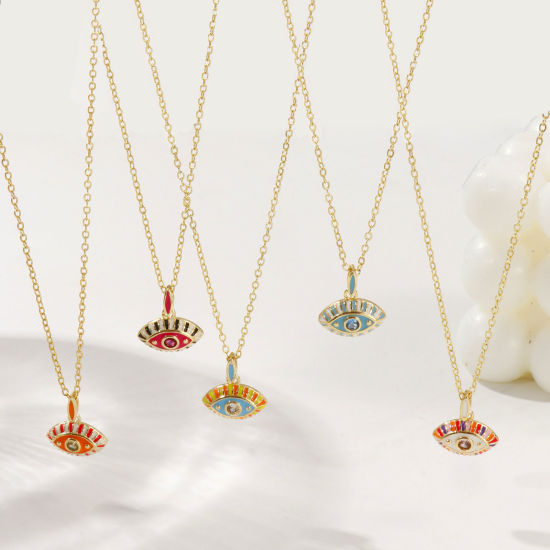 Immagine di 18K Real Gold Plated Link Cable Chain Eye Pendant Charm Necklace, Brass & Cubic Zirconia 46cm(18.1") + 6cm(2.4"), For Women, Enamel Retro Exquisite Gift, Eco-friendly, 1 Piece