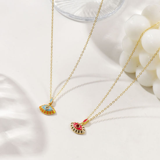 Immagine di 18K Real Gold Plated Link Cable Chain Eye Pendant Charm Necklace, Brass & Cubic Zirconia 46cm(18.1") + 6cm(2.4"), For Women, Enamel Retro Exquisite Gift, Eco-friendly, 1 Piece