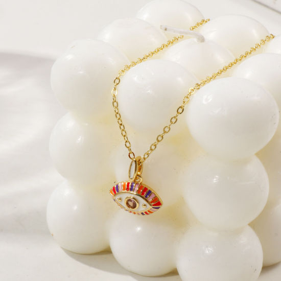 Immagine di 18K Real Gold Plated Link Cable Chain Eye Pendant Charm Necklace, Brass & Cubic Zirconia 46cm(18.1") + 6cm(2.4"), For Women, Enamel Retro Exquisite Gift, Eco-friendly, 1 Piece