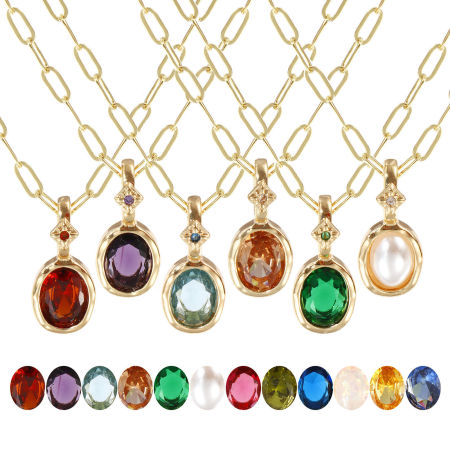 18K Real Gold Plated Paperclip Link Chain Oval Pendant Charm Necklace, Brass & Cubic Zirconia 45cm(17.7") + 5cm(2"), For Women, Dainty Birthstone Gift, Eco-friendly, 1 Piece