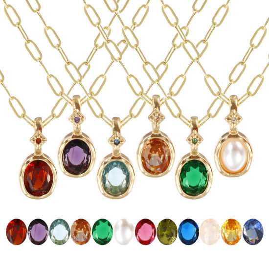 Immagine di 18K Real Gold Plated Paperclip Link Chain Oval Pendant Charm Necklace, Brass & Cubic Zirconia 45cm(17.7") + 5cm(2"), For Women, Dainty Birthstone Gift, Eco-friendly, 1 Piece
