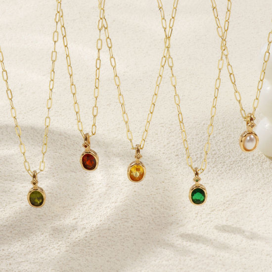 Immagine di 18K Real Gold Plated Paperclip Link Chain Oval Pendant Charm Necklace, Brass & Cubic Zirconia 45cm(17.7") + 5cm(2"), For Women, Dainty Birthstone Gift, Eco-friendly, 1 Piece