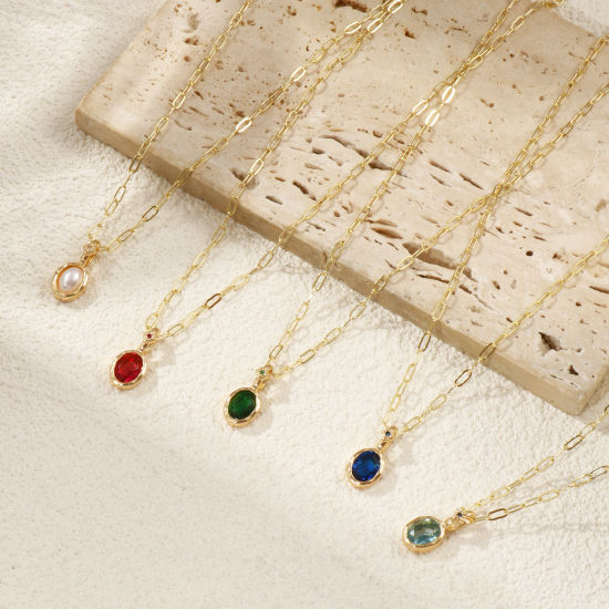 Immagine di 18K Real Gold Plated Paperclip Link Chain Oval Pendant Charm Necklace, Brass & Cubic Zirconia 45cm(17.7") + 5cm(2"), For Women, Dainty Birthstone Gift, Eco-friendly, 1 Piece