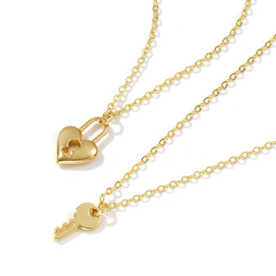 Immagine di 18K Vero Oro Placcato Catena a Cavo Amore Serratura & Chiave Collana con Ciondolo, Ottone 46cm + 6cm, Per Donne, Elegante Squisito Regalo, Ecologico, 1 Pz