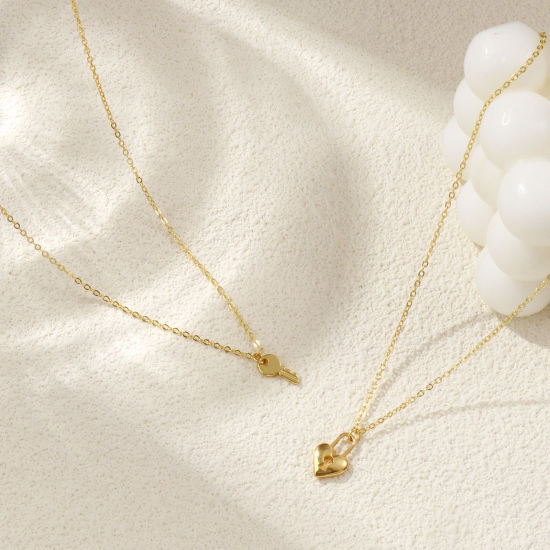 Immagine di 18K Vero Oro Placcato Catena a Cavo Amore Serratura & Chiave Collana con Ciondolo, Ottone 46cm + 6cm, Per Donne, Elegante Squisito Regalo, Ecologico, 1 Pz