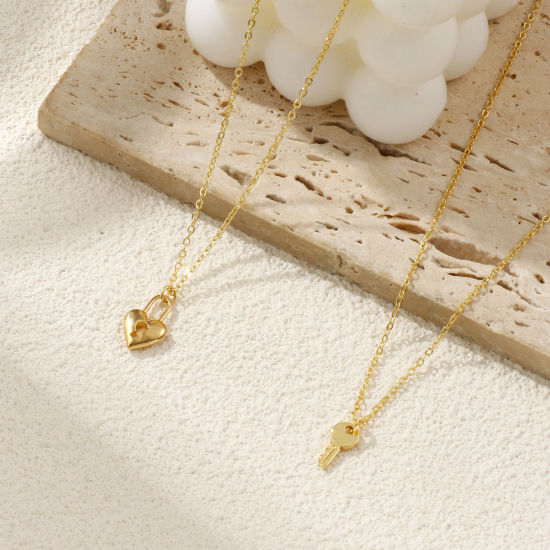 Immagine di 18K Vero Oro Placcato Catena a Cavo Amore Serratura & Chiave Collana con Ciondolo, Ottone 46cm + 6cm, Per Donne, Elegante Squisito Regalo, Ecologico, 1 Pz