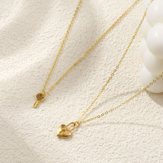 Immagine di 18K Vero Oro Placcato Catena a Cavo Amore Serratura & Chiave Collana con Ciondolo, Ottone 46cm + 6cm, Per Donne, Elegante Squisito Regalo, Ecologico, 1 Pz