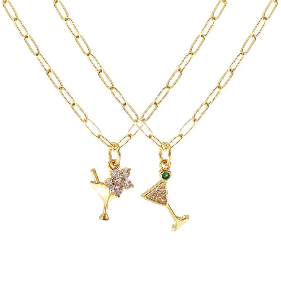 Immagine di 18K Vero Oro Placcato Catena a Graffetta Bicchiere da vino Collana con Ciondolo, Ottone + Zircone Cubico 45cm + 5cm, Per Donne, Micro Spianare, Elegante Squisito Regalo, Ecologico, 1 Pz