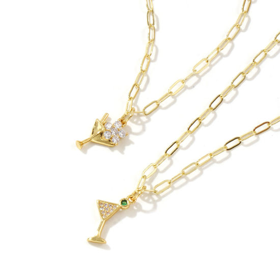 Immagine di 18K Vero Oro Placcato Catena a Graffetta Bicchiere da vino Collana con Ciondolo, Ottone + Zircone Cubico 45cm + 5cm, Per Donne, Micro Spianare, Elegante Squisito Regalo, Ecologico, 1 Pz