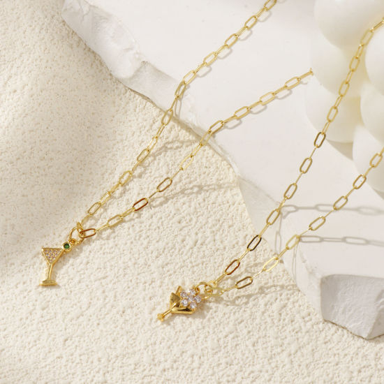 Immagine di 18K Vero Oro Placcato Catena a Graffetta Bicchiere da vino Collana con Ciondolo, Ottone + Zircone Cubico 45cm + 5cm, Per Donne, Micro Spianare, Elegante Squisito Regalo, Ecologico, 1 Pz